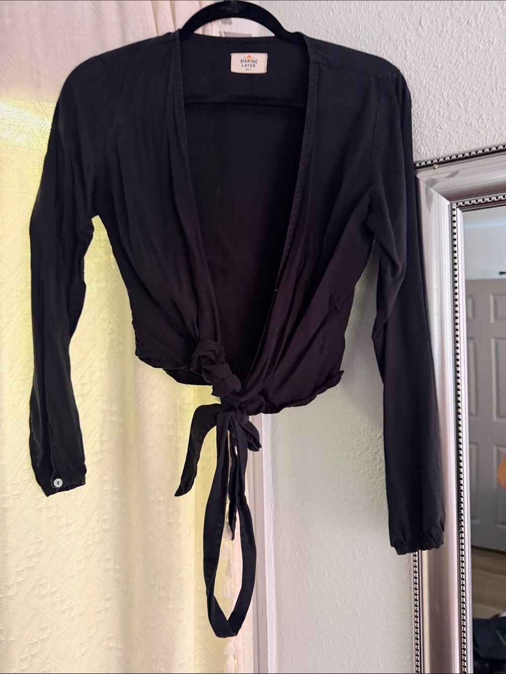 Marine Layer Black Long-Sleeve Tie-Front Crop Top
